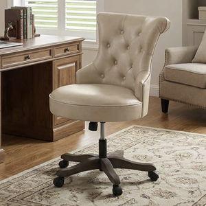 HUIMO Home Office Chair Upholstered PU Leather Armless Desk Chair with Wheels Adjustable Height Computer Desk Chair with Wooden Legs Comfortable Swivel Chair for Home Office Study Studio (Light Taupe)