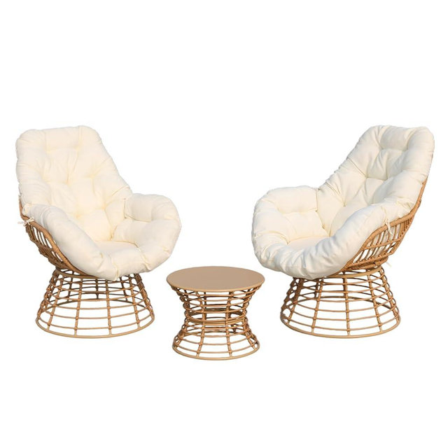 VIXLON Swivel Chairs for Outside Patio Set of 3, 360 Degree Swivel Pe Wicker Luxury Lounger Chair with 20" Side Table, Soft Cushion and Durable Frame, for Apartment Balcony