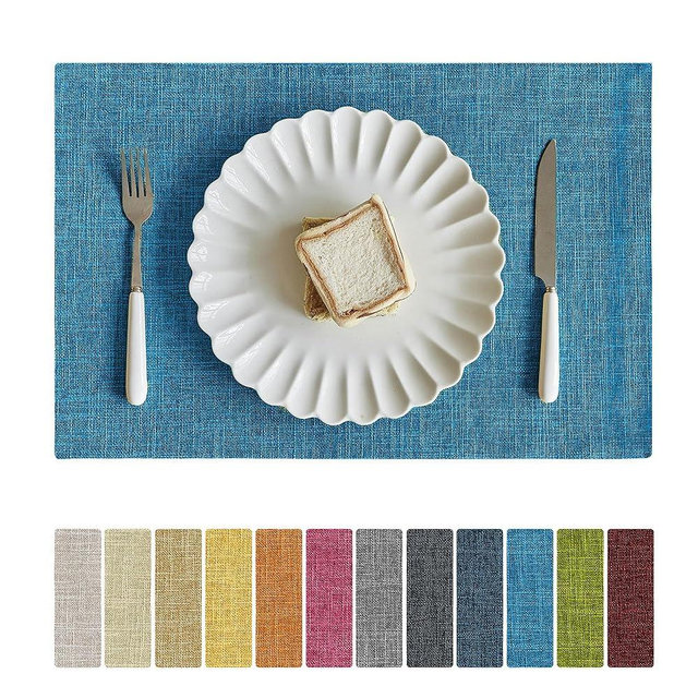 Softalker Faux Linen Placemats Set of 4-12 x 18 Inch, Heat Resistant Double Layered Durable Burlap Farmhouse Place Mats, Non-Slip Washable Rustic Table Mats for Dining, Kitchen, Party（Sky Blue
