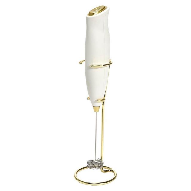 Paris Hilton Electric Handheld Milk Frother with Double Coil Head Whisk and Gold Metal Stand, Battery Powered (2 AA Batteries Required but Not Included), White