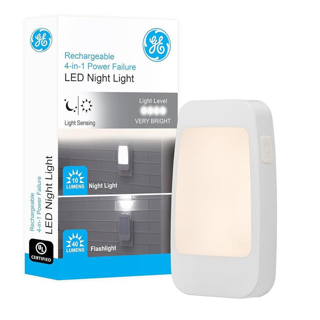 GE home electrical 4-in-1 Power Failure LED Night Light, Dusk-to-Dawn Sensor, Foldable Plug, Portable, Flashlight, Ideal for Storm, Outage, Emergency, Blackout, Hurricane, Tornado, White, 29679, 1Pack