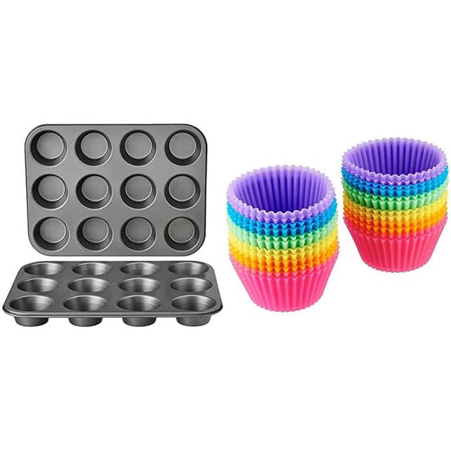 Amazon Basics Nonstick Muffin Baking Pan, 12 cups - Set of 2 & Reusable Silicone Baking Cups, Pack of 24, Multicolor