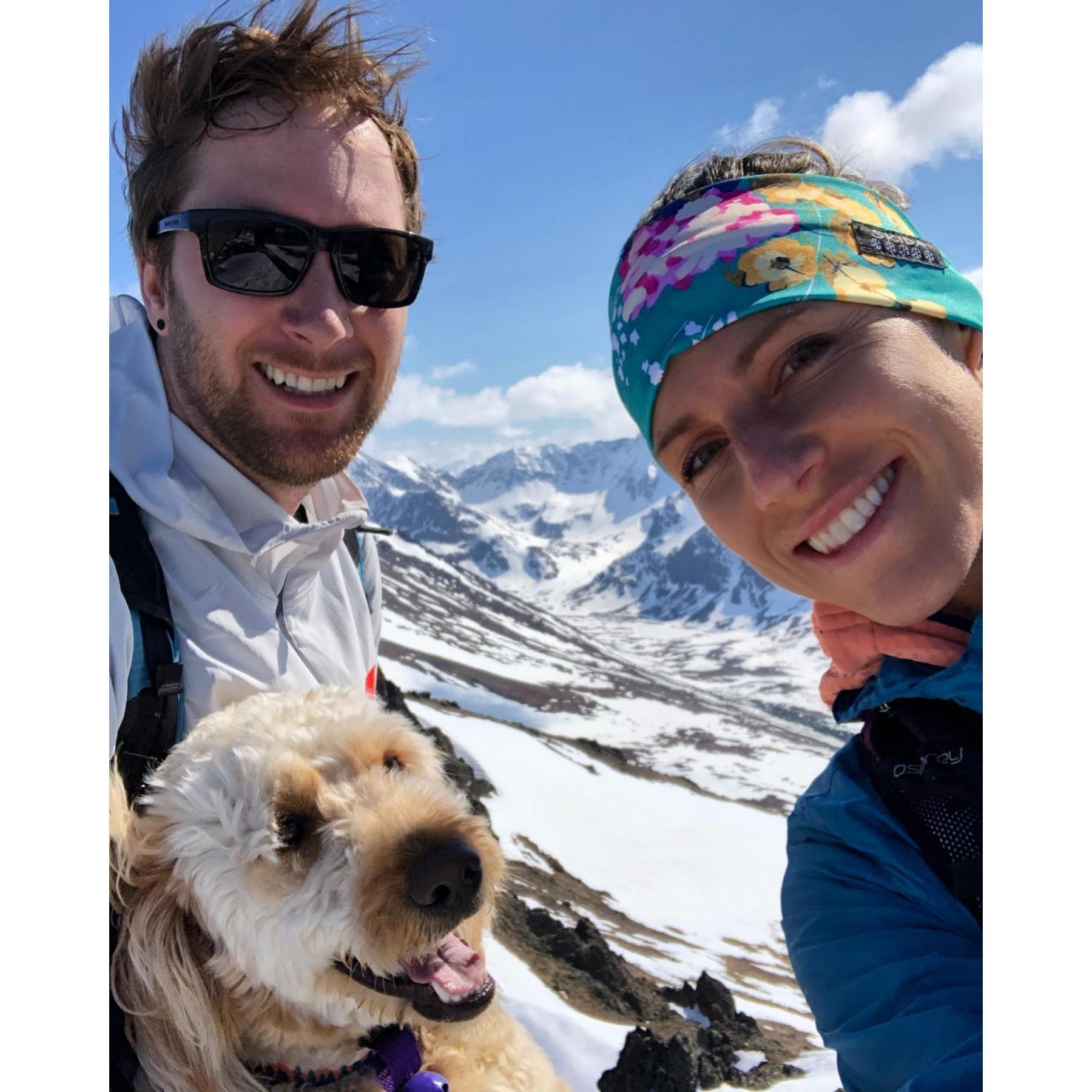 Summit Selfie on the top of Wolverine Mountain in Chugach National Park outside of Anchorage. 4 years before this pic, Tanner told Gloria he loved her for the first time at this same spot.