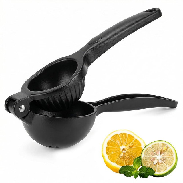 Heavy Duty Lemon Squeezer, Zinc Alloy Manual Lemon Juicer Hand Press with Threaded Groove for Maximum Juice - Perfect for Limes, Small Oranges, Citrus Fruits (Black)