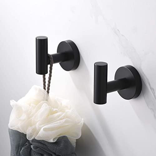 Rainovo Bathroom Towel Hook, Shower Hook Wall Mounted SUS 304 Stainless Steel, Modern Hand Towel Hook Matte Black, Robe Coat Clothes Hook Round for Kitchen Garage Hotel, 2 Pack.