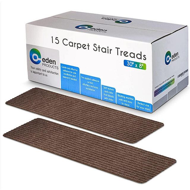EdenProducts Patent Pending Non Slip Carpet Stair Treads, Set of 15, Rug Non Skid Runner. 8" X 30", Brown, Pre Applied Adhesive