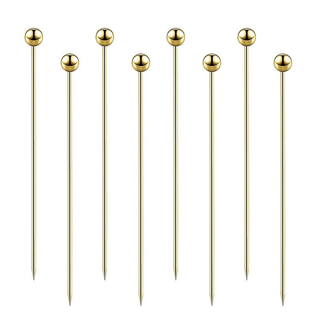 8PCS Cocktail Picks Stick, Stainless Steel Cocktail Martini Picks, Reusable Metal Cocktail Skewers Olives Appetizers Bloody Mary Brandied(Golden Ball), 4.33 inch