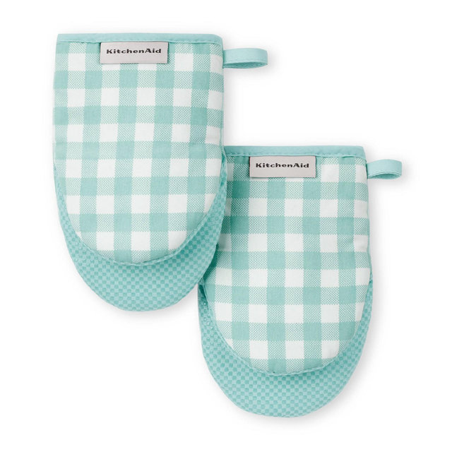 KitchenAid 2pk 5.5''x8'' Gingham Mini Oven Mitt Mineral Water: Classic Blue Cotton & Polyester, Machine Washable