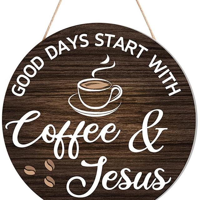 HMASYO Coffee Signs Decor for Coffee Bar, Good Days Start with Coffee & Jesus, Wood Farmhouse Wall Sign Coffee Bar Decor for Kitchen, Home, Office, Cafe, Coffee Station Housewarming Gift, 12'' x 12''