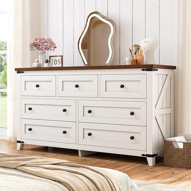 EnHomee Farmhouse 7 Drawers Dresser for Bedroom 51" Wide Wood Dressers and Chests of Drawers with Natural Texture TV Stand for Bedroom, Hallway, Closet, Antique White