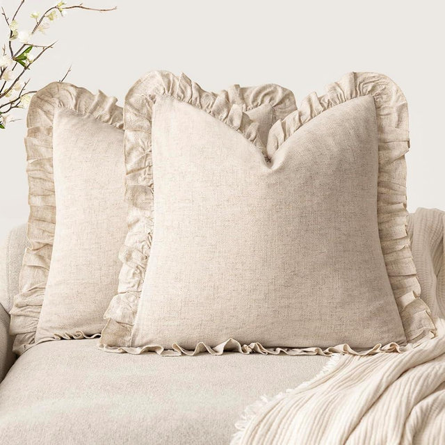 Foindtower Set of 2 Decorative Soild Fringe Ruffle Throw Pillow Covers Soft Boho Farmhouse Cushion Cover Cozy Accent Retro Pillowcase for Couch Sofa Bed Living Room Home Decor,20×20 Inch,Natural Beige
