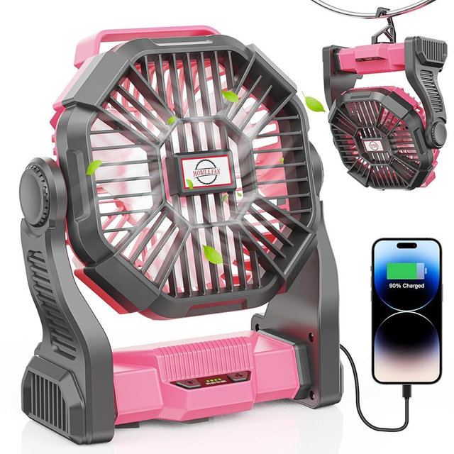 DOWILLDO 30000mAh Portable Battery Powered Camping Fan - with LED Light, Quiet Battery Operated, Camping Gear for Travel, Tent, Beach, Car or Hurricane Power Outages, Pink