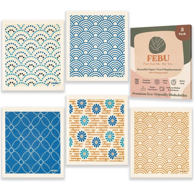 FEBU Swedish Dishcloths for Kitchen | 5 Pack Blue Geometric Swedish Dish Towels | Cellulose Sponge Cloths | Non Scratch Reusable Paper Towels | No Odor, Biodegradable and Reusable Kitchen Dish Rags