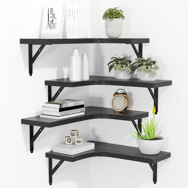 ROMGUAR CRAFT Corner Floating Shelves Wall Mounted Set of 4, Rustic Wood Storage Display Wall Shelves for Home Decor, Bathroom, Kitchen, Bedroom, Living Room, Office (Black)