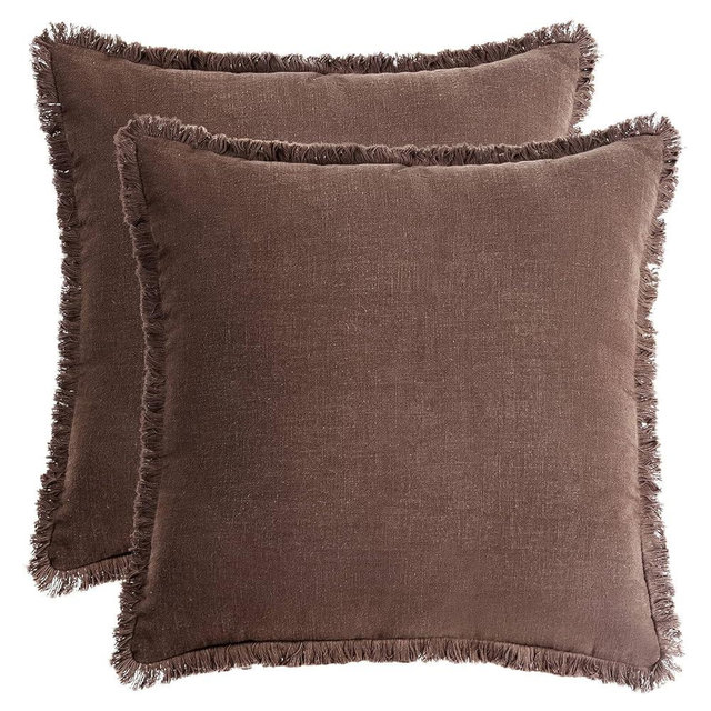 AmHoo Pack of 2 Linen Pillow Covers with Tassels Fringed Decorative Rustic Natural Throw Pillowcase Cushion for Couch Sofa Bedroom 20 x 20-Inch Brown