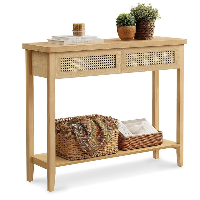 VASAGLE Console Sofa Table, Narrow Entryway Table, 2 Drawers, Open Storage Shelf, Rounded Corners, for Living Room, Boho Style, Oak Beige ULNT016YC01S