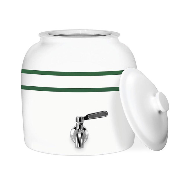 Geo Sports Porcelain Ceramic Crock Water Dispenser, Stainless Steel Faucet, Valve and Lid Included. Fits 3 to 5 Gallon Jugs (Green Stripe)