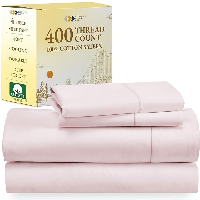 California Design Den 100% Cotton Sheets - Softest 4-Pc Queen Sheet Set, Cooling Sheets for Queen Size Bed, Deep Pockets, 400 Thread Count Sateen, Bedding Sheets & Pillowcases, Queen Sheets (Pink)
