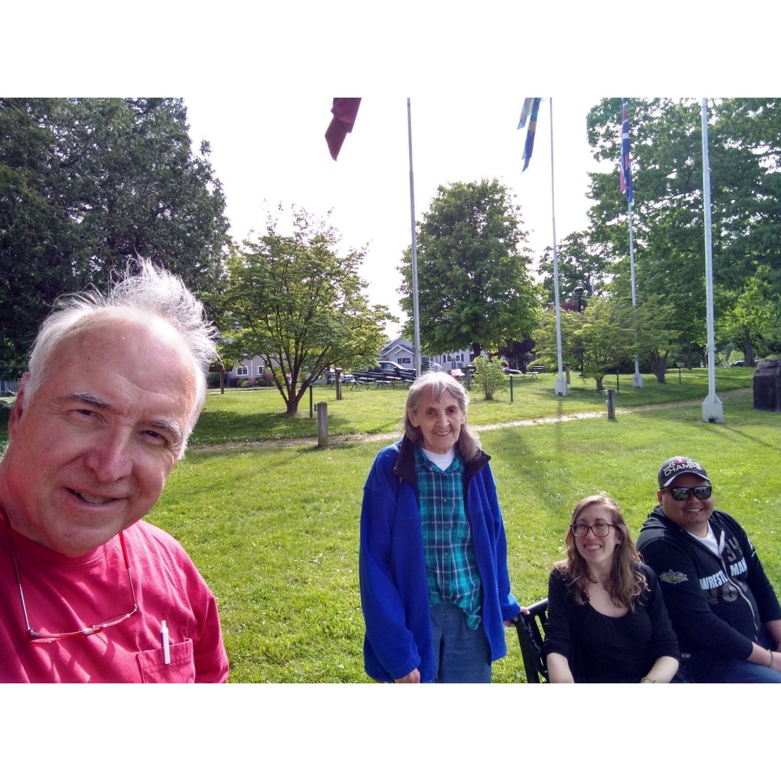 At Anne's dad's memory bench with her Uncle Jim and Aunt Ruth. Crescent Park, Warren, PA. May 2023.