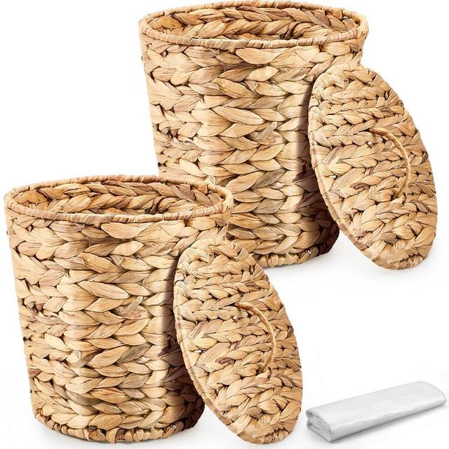 Ctosree 2 Pcs Wicker Trash Can Basket Woven Waste Basket with Lid Bathroom Wastebasket Garbage Bin with 100 Pieces of Trash Bags for Bedroom Farmhouse Home Office Kitchen(Medium)