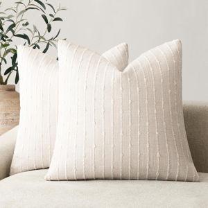 Foindtower Pack of 2 Decorative Jacquard Boucle Throw Pillow Covers Accent Textured Striped Pillowcases Cozy Modern Cushion for Couch Sofa Bedroom Living Room Home Decor 18x18 Inch Cream White