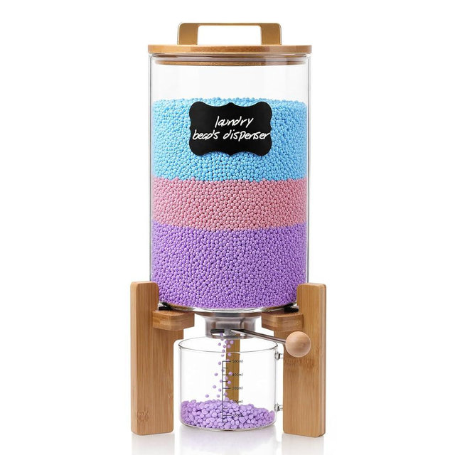 Roetell Laundry Detergent Dispenser,Glass Laundry Powder Dispenser with Bamboo Base，Suitable for Scent Beads and Powdered Laundry Detergents in the Laundry Room，Capacity: 4L/8lb/128oz