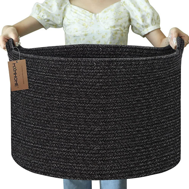 MXMHOME Black Large Blanket Basket, 23.6”x 23.6”x 14.1” Woven Rope Baskets for Storage, Storage Baskets Bins for Organization Dog Toy Storage Baskets Bins Black Decorative Basket Living Room