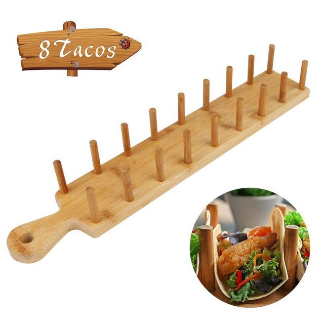 Taco Holder stand, PAMISO 8 Taco Bamboo Taco Rack for Kitchen, Mexican Party or Restaurant