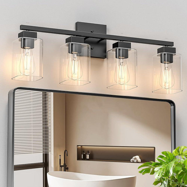 Espird 4 Light Bathroom Vanity Light - Matte Black Bathroom Light Fixtures Square Design & UL Certification, Square Light Fixture Over Mirror, Farmhouse Light Fixtures for Bathroom & Bedroom