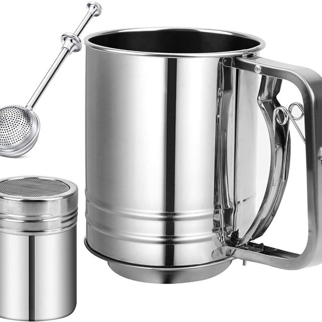 Flour Sifter Stainless Steel,3 Cup Flour Sifter for Baking,3 in1 Sifter for Baking with Powdered Sugar Shaker Duster, Flour Shaker Duster for Baking Cakes, Pastries, Pies, Cupcakes and Desserts
