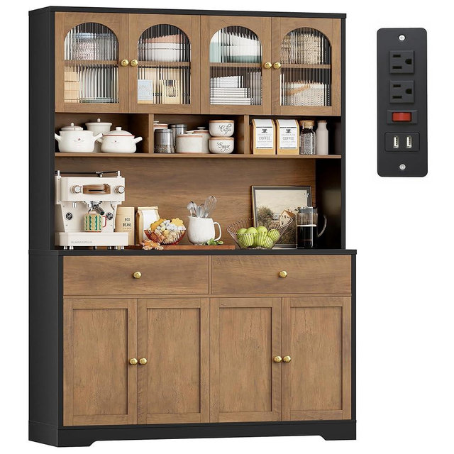 FINETONES 71" Pantry Cabinet, Tall Kitchen Pantry Storage Cabinet with Charging Station, 47.2" Wide Kitchen Hutch Food Storage Cabinets with Open Countertop for Dining Room, Black/Brown