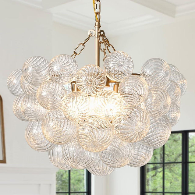 ALIYIQI Nordic Bubble Ball Swirled Modern Chandelier,Dia 20 Inch Bubble Lighting, Gold and Clear Glass, Chandelier Light for Bedroom Study Restaurant