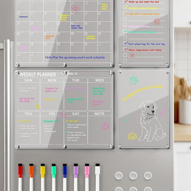 4 Pack Acrylic Magnetic Calendar for Refrigerator Set, Clear Monthly Weekly Daily Dry Erase Whiteboard for Fridge with 8 Color Markers, Meal Planner, Menu Board, Home Decor
