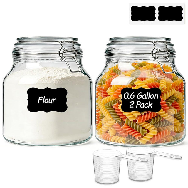ComSaf 2 Pack 74 oz Glass Jars with Airtight Lids, Large Glass Storage Containers for Pantry,Wide Mouth Storage Jars for Flour Sugar & Pickling Meal Prep, Includes Labels & 120ml Measuring Cup