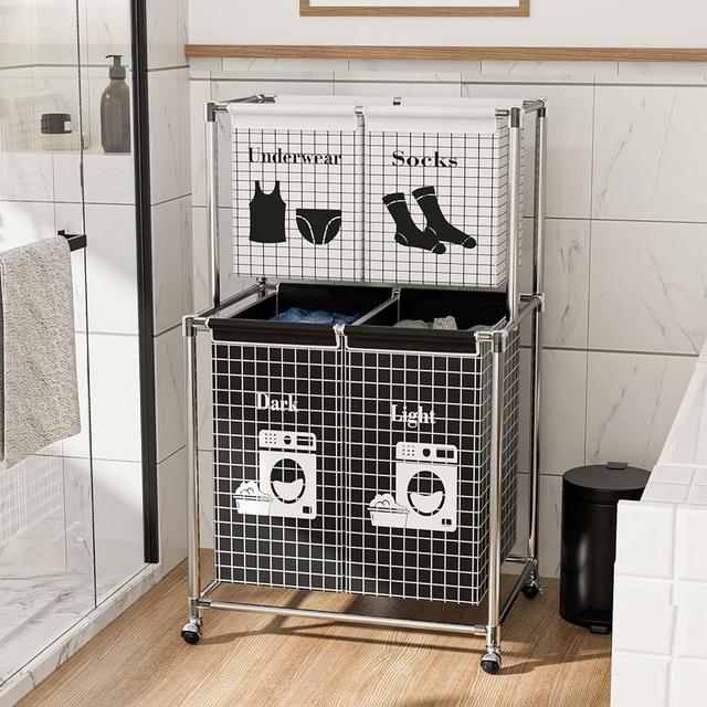 TENNTOU Heavy Duty Laundry Sorter, 4 Sections Laundry Hamper with Lockable Wheels, Rolling Laundry Basket Organizer with Large Capacity and 4 Removable Bags, in Laundry Room, Bathroom, Closet