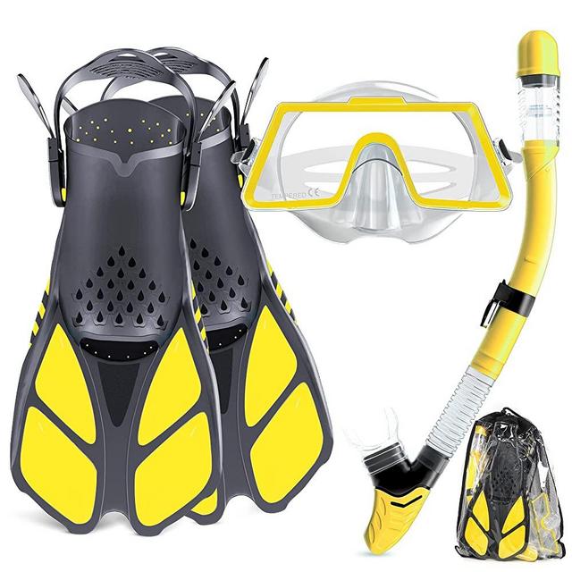 Tongtai Mask Fin Snorkel Set with Adult &Kids Snorkeling Gear, Panoramic View Diving Mask,Trek Fin,Dry Top Snorkel +Travel Bags, Professional Snorkel for Lap Swimming