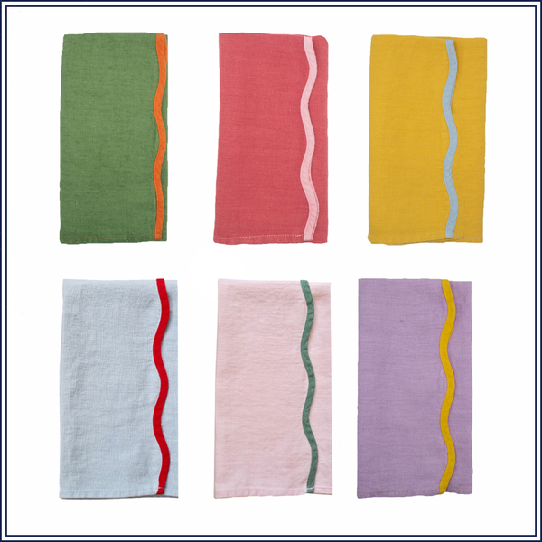 SCALLOP TRIM LINEN NAPKINS, SET OF 6, MIXED