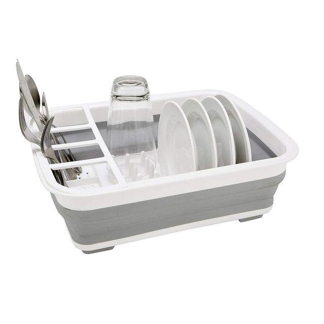 Kitchen Details Collapsible Dish Drying Rack | Space Saver | Aerated Bases Drain Holes | Plates, Bowls, Utensils Compartments | Countertop and Sink Storage | White/Grey