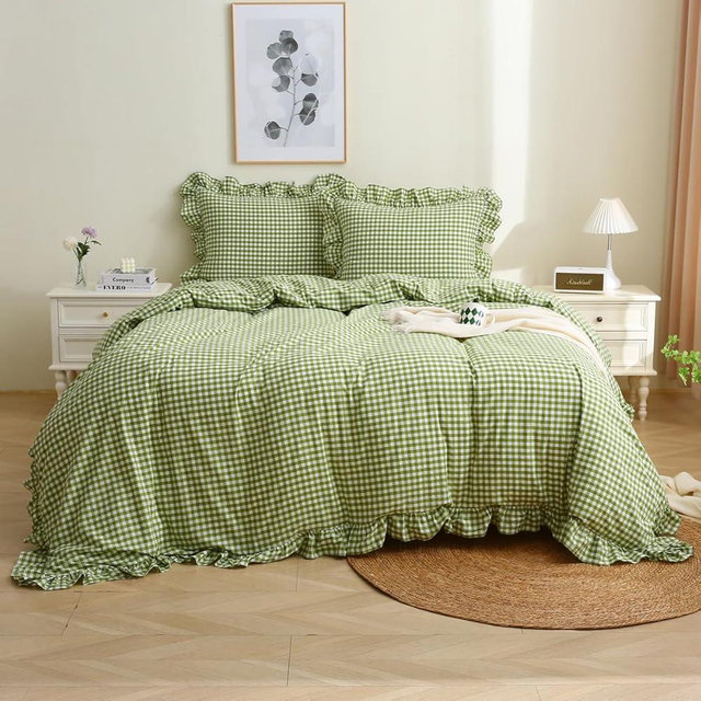 Silnuo Olive Green/White Checkered Ruffle 3-Piece Duvet Cover Set Queen Size,Washed Cotton Shabby Gingham Plaid Bedding Set Farmhouse Comforter Set(Queen,Olive Green)