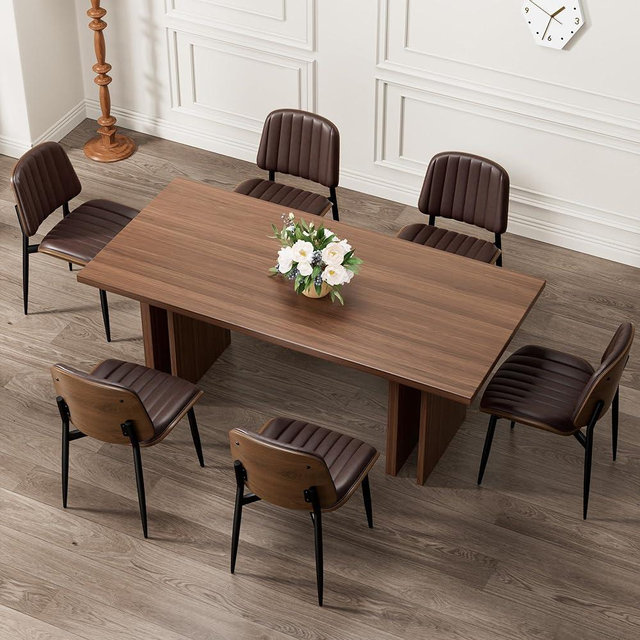 REONEY Dining Chairs Set of 6, Mid-Century Modern Upholstered PU Leather Chairs with Walnut Bentwood Back and Metal Legs Adjustable Feet for Kitchen Dining Living Room, Dark Brown Vertical Stripes