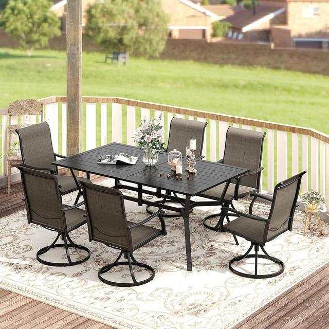 VICLLAX 7 Pieces Patio Dining Set for 6, Outdoor Table and Chairs Includes 59" Rectangle Patio Table and 6 Swivel Patio Sling Chairs for Lawn Garden, Black Table