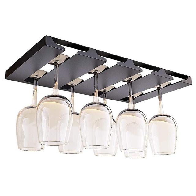SIMVE Wine Glass Holder Under Shelf or Cabinet,Stainless Steel 16.5in Stemware Rack,Glassware Drying Storage Hanger,Metal Hanging Organizer for Kitchen,Bar,Restaurant,Screw Install,Matte Black,4 Row