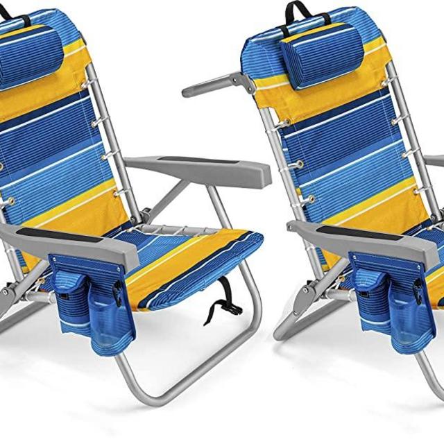 Homevative Folding Backpack Beach Chair with 5 Positions, Towel bar, Cooler Pouch, Storage Pouch, Cup Holder and Phone Holder (Sunshine - 2 Chairs)