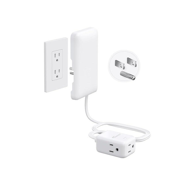 NUTICT 3ft Flat Extension Cord with 3 Outlets, Flat Wall Plug & Flush Outlet Cover, 900J Surge Protection, 13A/1625W, ETL Listed, White Outlet Extender Fits Behind Furniture, Dresser, Bed, TV, Couch