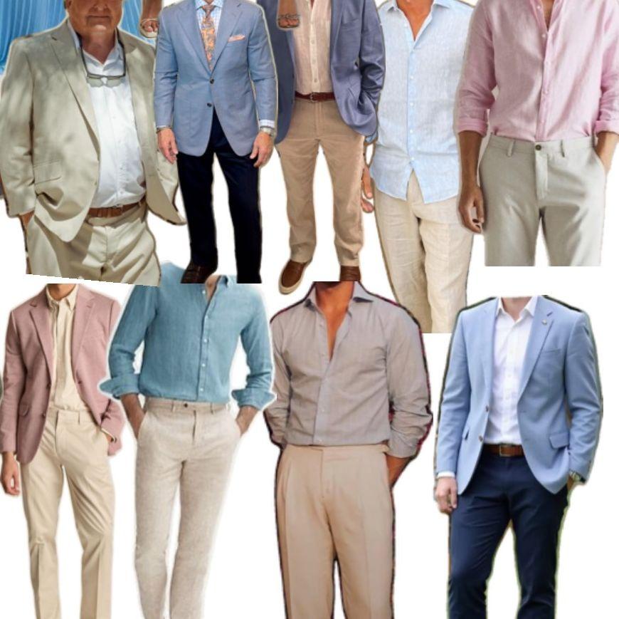 Light suits, dress pants and button up, polo shirts are all great options. It will be sunny and hot!