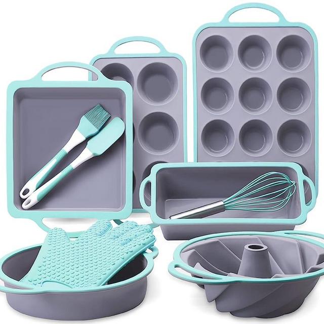 10in1 Silicone Baking Pans Set, Silicone Bakeware Sets, Baking Set, Bundt Cake Pan Muffin Pan with Silicone Spatulas Pastry Brush Oven Mitts Whisk, Silicone Baking Pan Set for Cupcake (Blue gray)