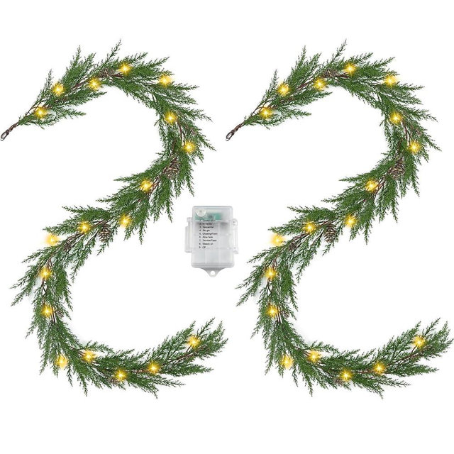 Artgar 2Pcs Christmas Cedar Garland, 6 Ft Realistic Pine Garland, Prelit Christmas Garland with 30 Warm Lights with 8 Light Modes for Mantels Stair Table Indoor Outdoor Winter Xmas Decor (Green 2Pcs)