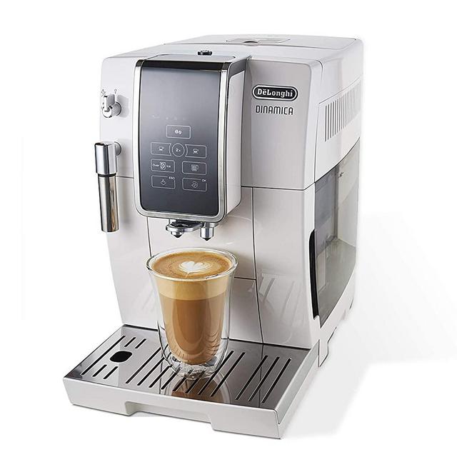 De'Longhi Dinamica Automatic Coffee & Espresso Machine, TrueBrew (Iced-Coffee), Burr Grinder + Descaling Solution, Cleaning Brush & Bean Shaped Icecube Tray, White, ECAM35020W