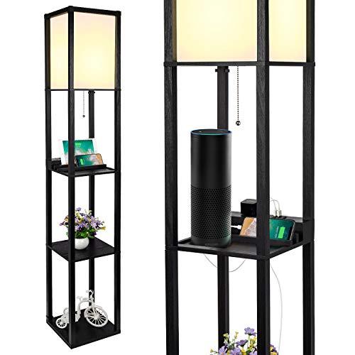 3-in-1 Shelf Floor Lamp with 2 Fast Charging USB Ports and 1 Power Outlet, 3-Tiered LED Shelf Floor Lamp, Shelf & Storage & LED Floor Lamp Combination, Modern Standing Light for Living Room, Bedroom