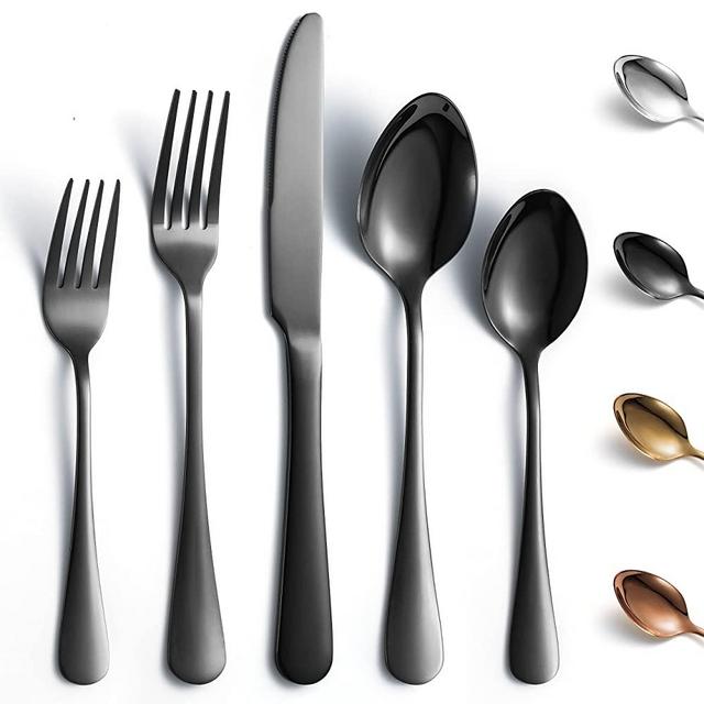 KCJOY 40-Piece Black Flatware Set, Premium Durable Stainless Steel Cutlery Set Service for 8, Including Knife Fork Spoon, Ergonomic Handle, Mirror Polished, Dishwasher Safe